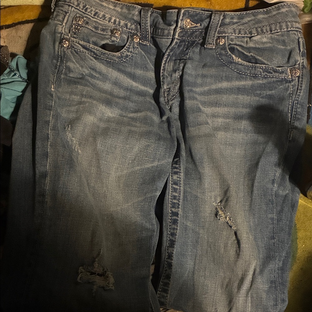 Miss Me Blue Jeans with Black and Silver Fleur-de-Lis